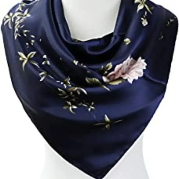 NWOT Navy Blue Floral Silk-Feel Scarf - Picture 3 of 3